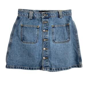 We Steal The Moon A-Line Denim Skirt L Button Fly Pockets Stoned Wash VTG Style